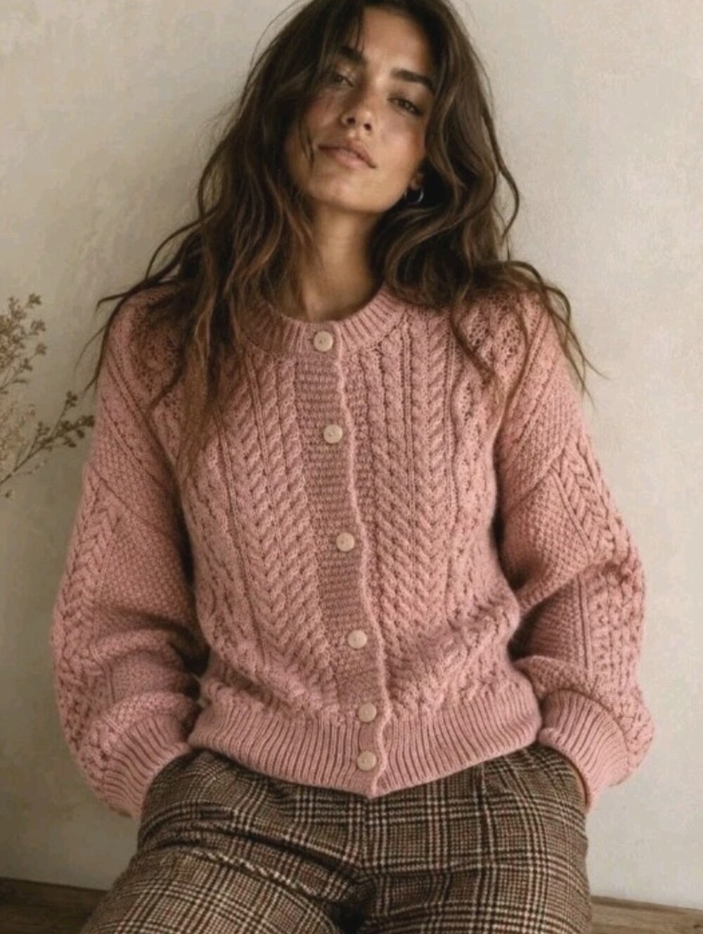 Irelands Eye 100% Wool Aran Cardigan Rose Pink Cable-knit Button Up Size Large